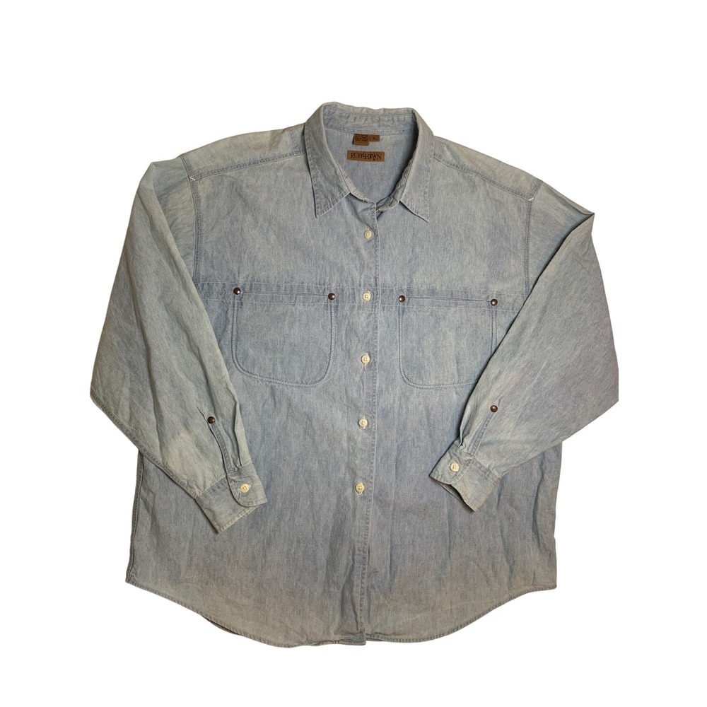 Vintage Ruff Hewn Mens Light Wash Denim Button Down Shirt  90s 100% Cotton L